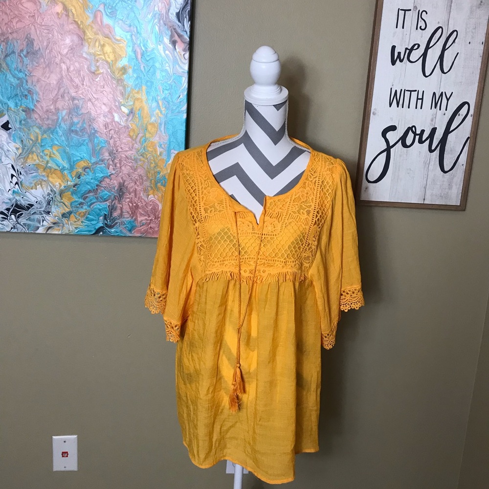 NWT Valerie Stevens Yellow Fiesta Boho Blouse Lg